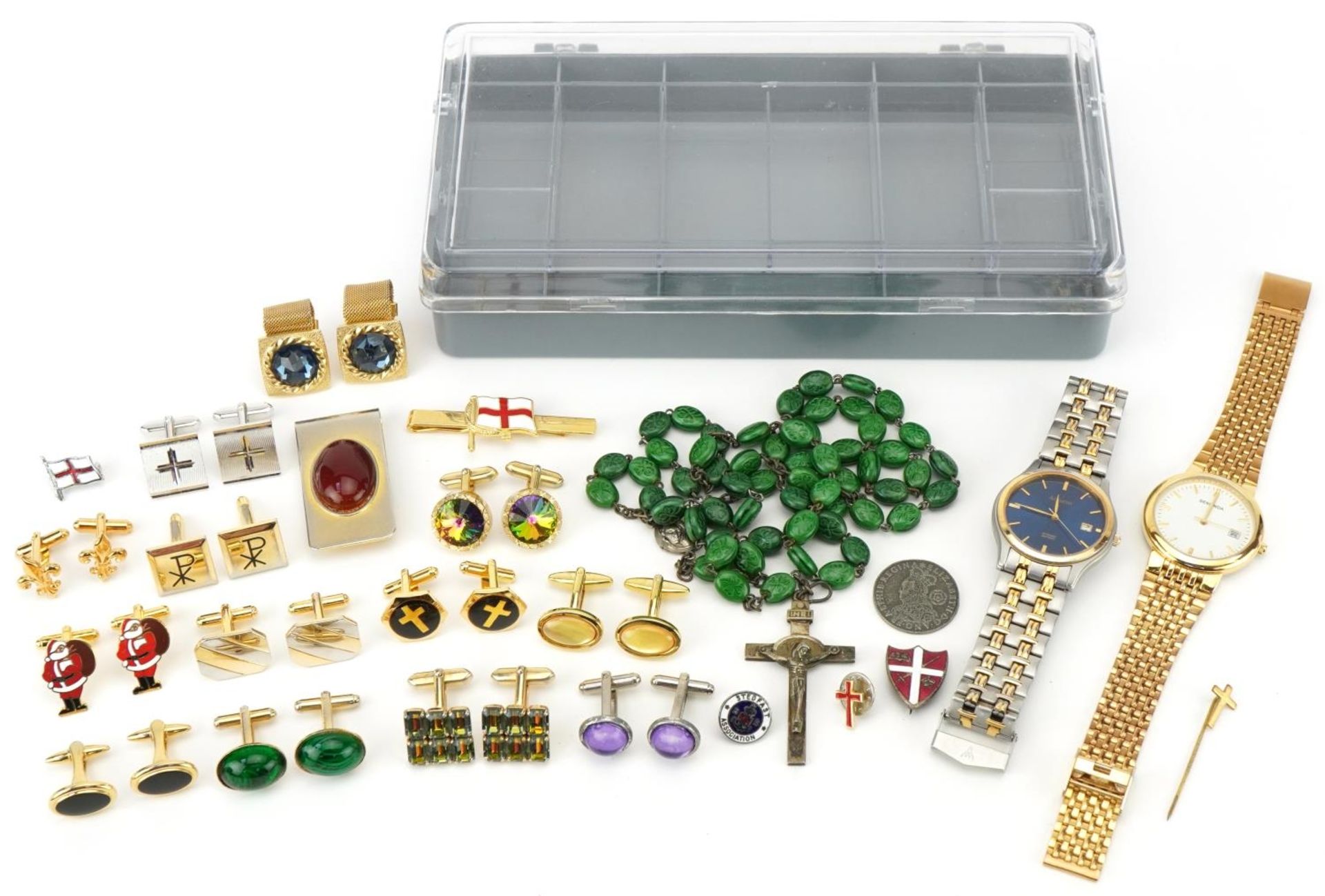 Costume jewellery including a malachite colour glass rosary bead necklace, cufflinks and