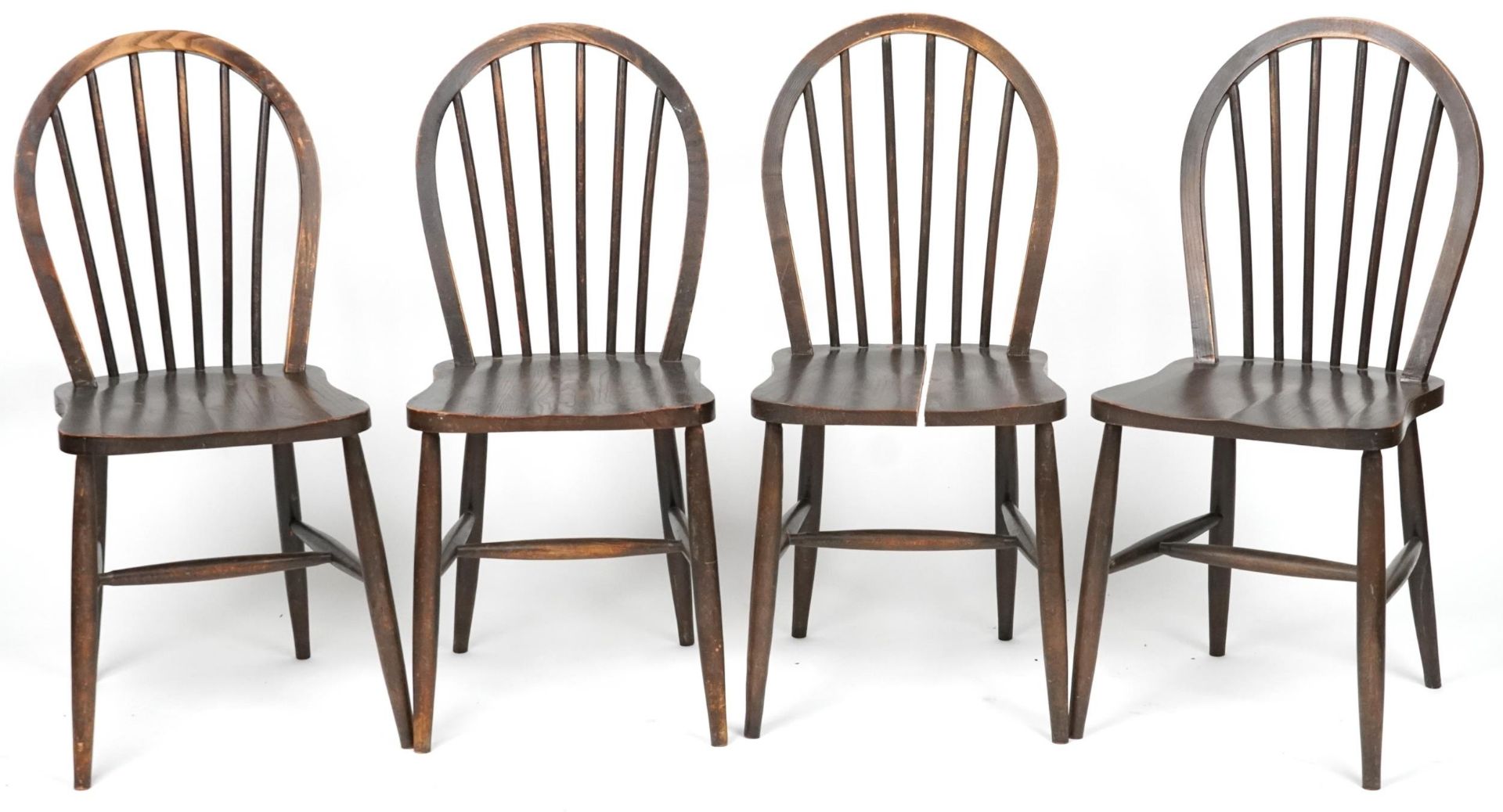 Set of four Ercol elm stick back chairs, each 90cm high