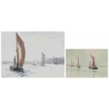 Jack Burningham - Returning from the Thames Barge Race, pair of watercolours, mounted and glazed,