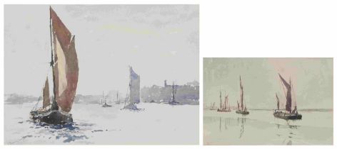 Jack Burningham - Returning from the Thames Barge Race, pair of watercolours, mounted and glazed,