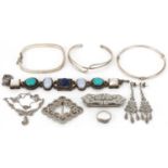 Silver and white metal jewellery including a semi precious stone bracelet, Art Deco style two