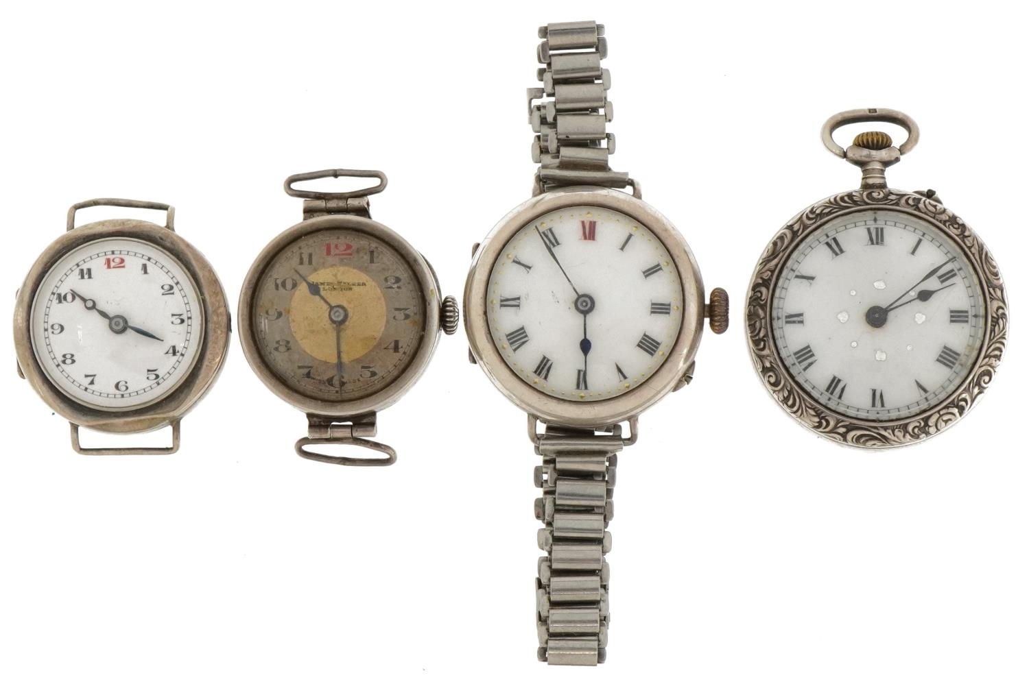 Three antique ladies silver wristwatches and a ladies silver open face pocket watch, three with - Image 2 of 7