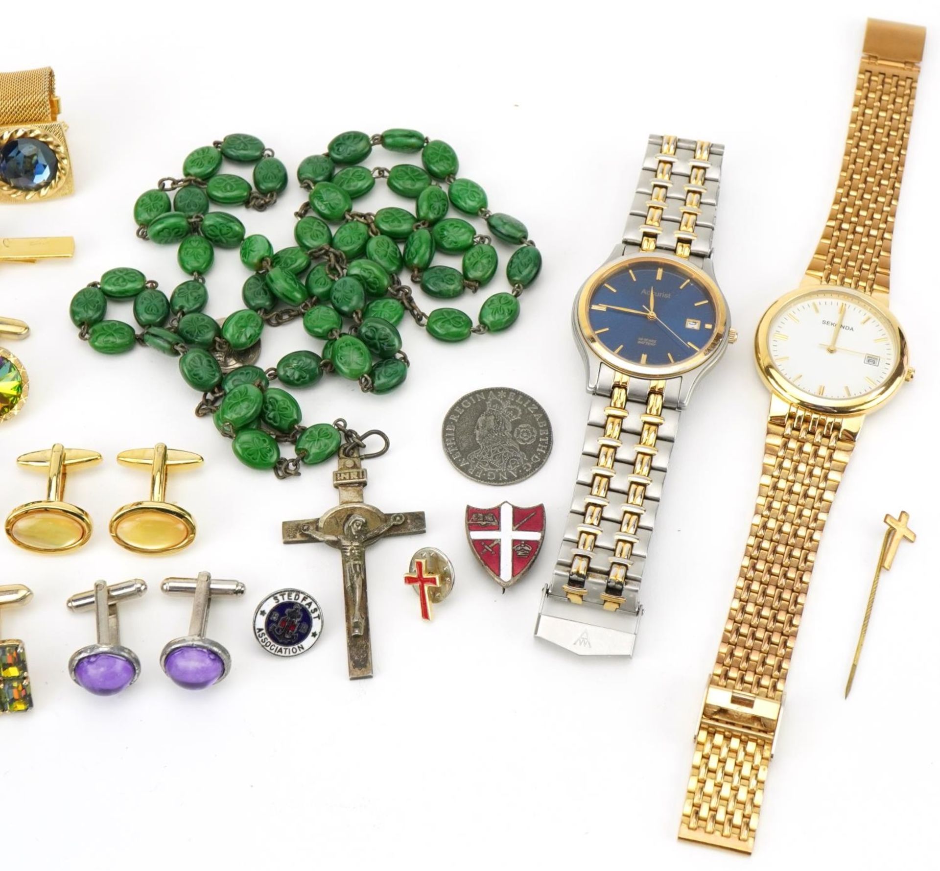Costume jewellery including a malachite colour glass rosary bead necklace, cufflinks and - Image 4 of 4