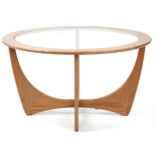G Plan, mid century teak Astro coffee table, 46cm high x 84cm in diameter