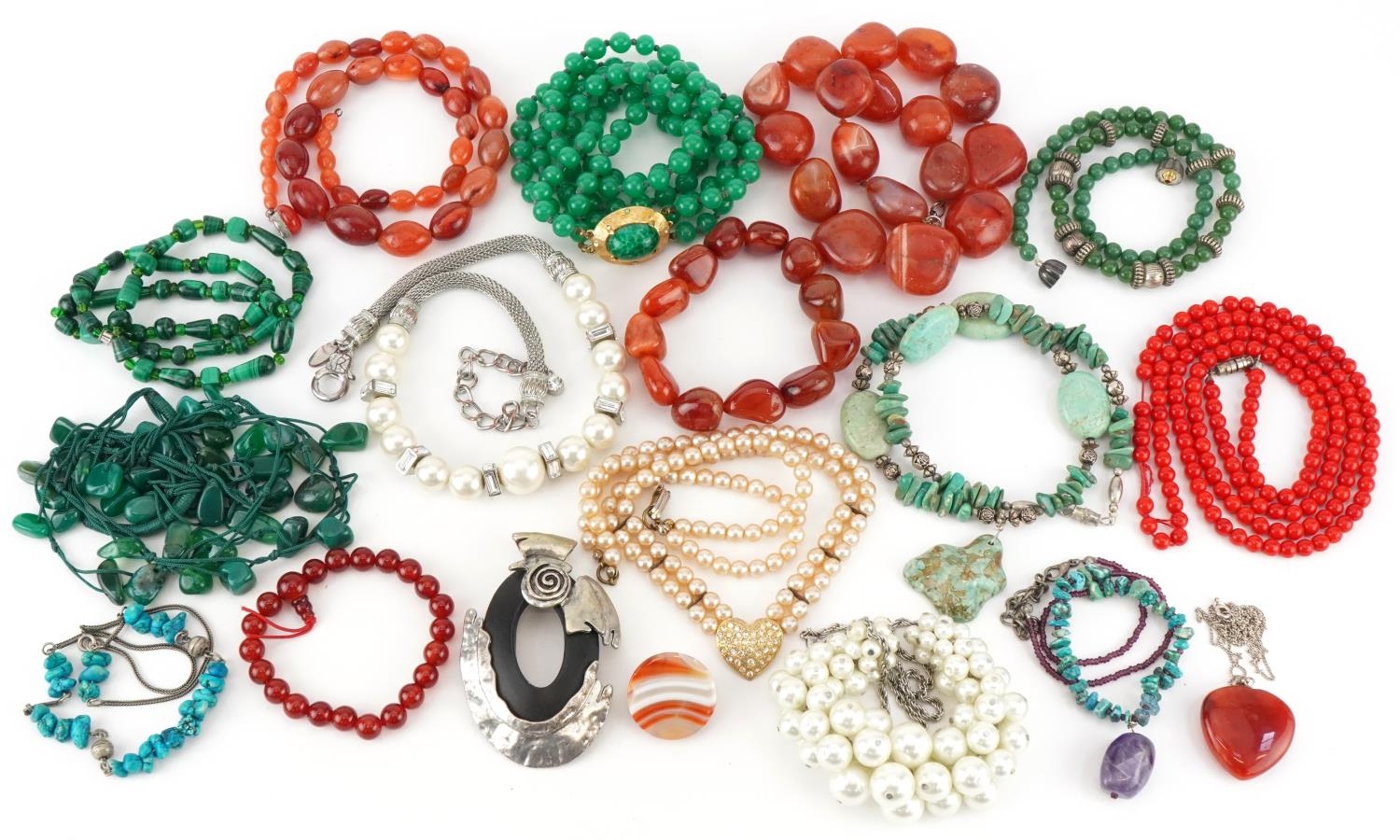 Vintage and later jewellery, some silver, including carnelian necklace, malachite necklace,