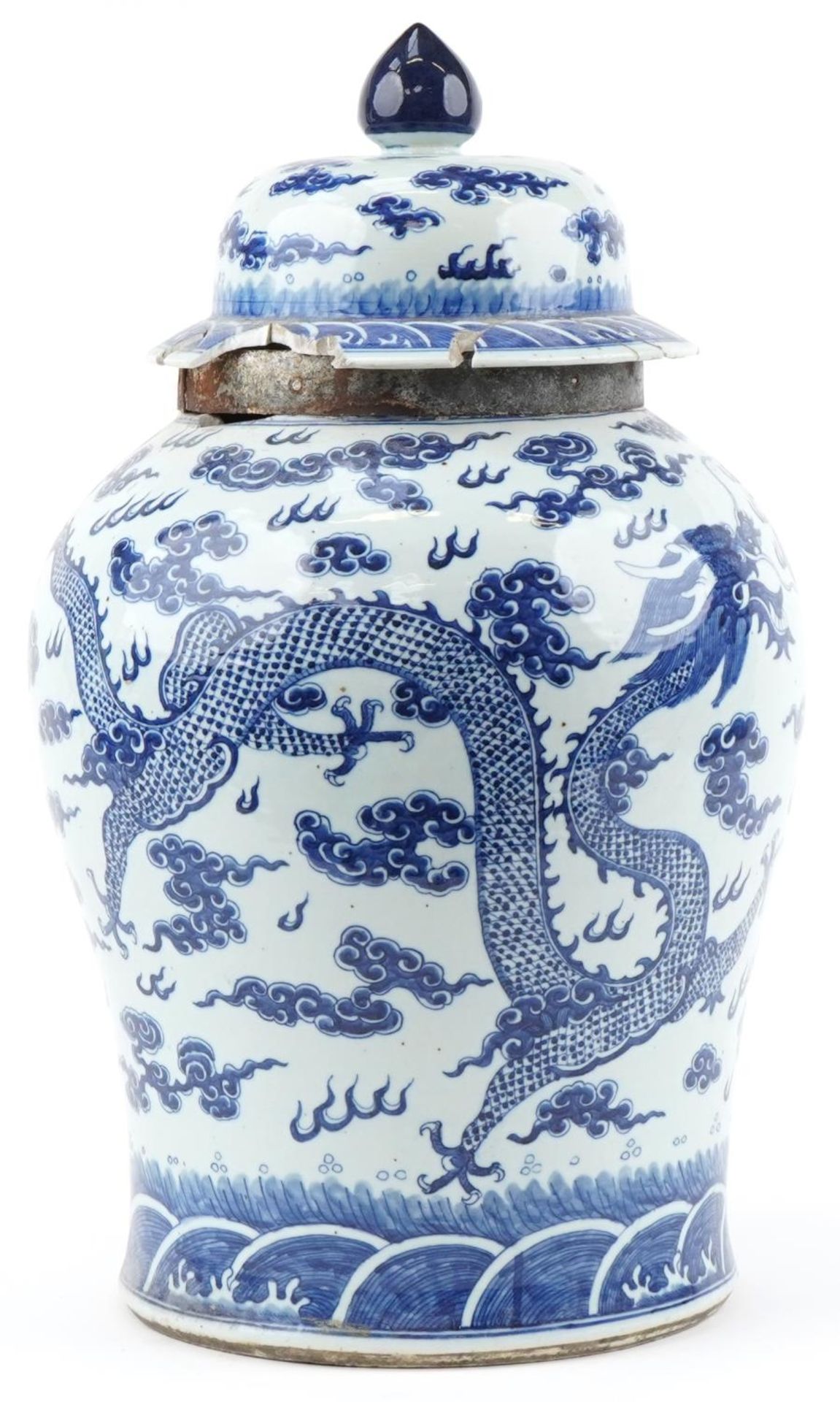 Large Chinese Kangxi jar and cover hand painted with a dragon chasing the flaming a pearl, 66cm high - Image 5 of 7