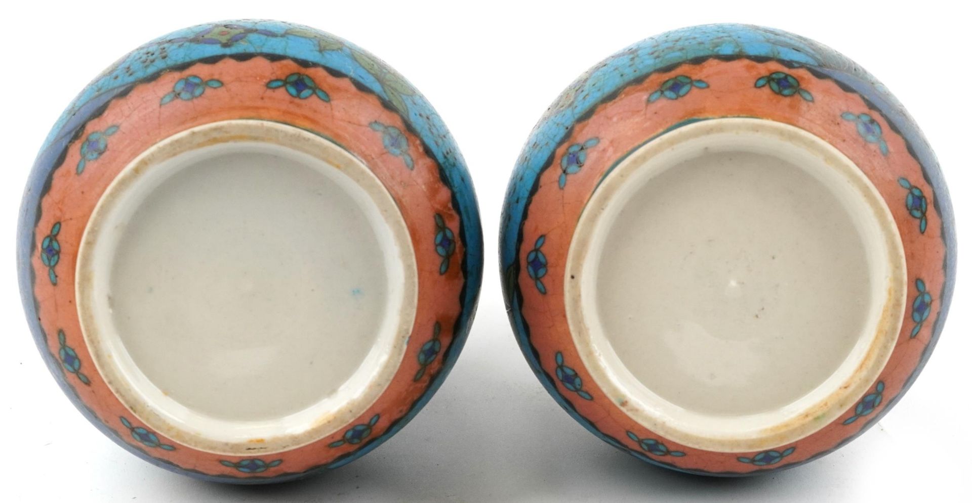 Pair of Japanese Owari shippo porcelain vases enamelled with flowers, each 19cm high - Image 6 of 6