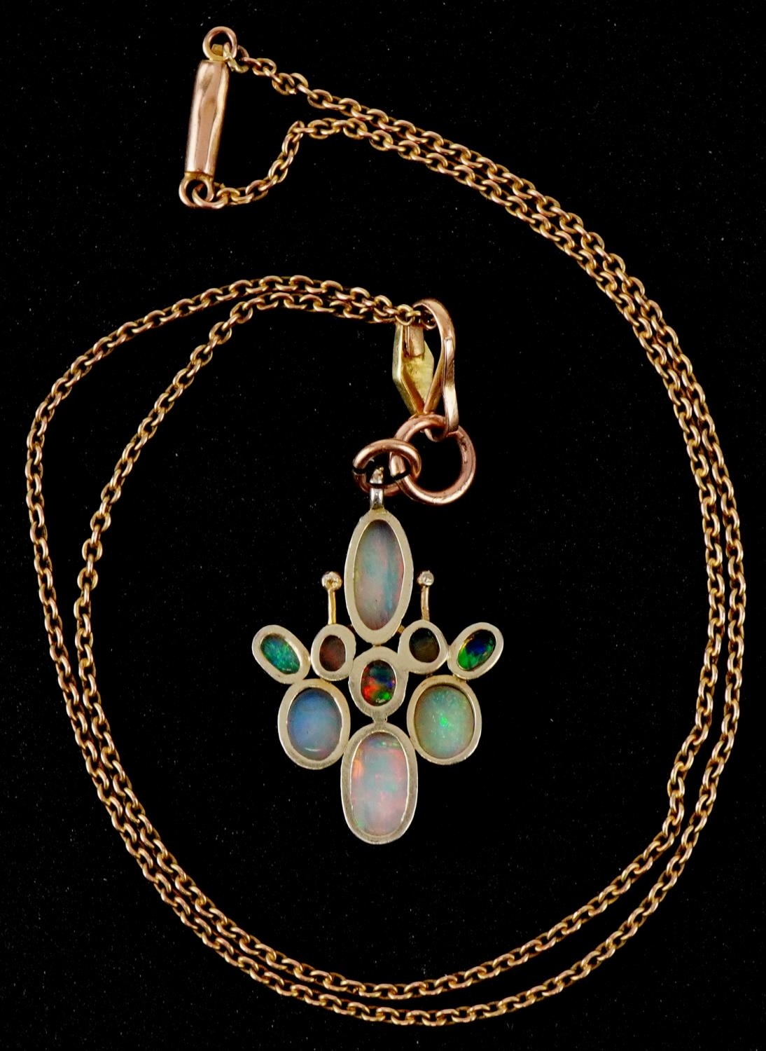 Unmarked gold cabochon opal cluster pendant on a 9ct gold necklace, 4.5cm high and 40cm in length, - Image 3 of 3