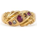 Victorian 18ct gold pink spinel and diamond crossover ring with ornate setting, Birmingham 1863,