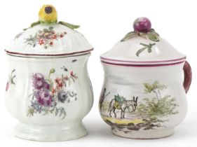 19th century French faience glazed pot de crème hand painted with a figure and donkey and an English