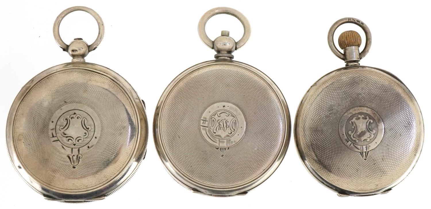 Three gentlemen's silver open face pocket watches having enamelled and subsidiary dials with Roman - Image 2 of 7