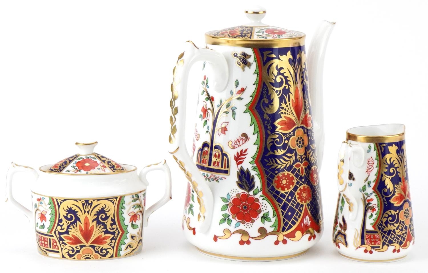 Royal Crown Derby Curator's Collection 'Rich Japan Pardoe' coffee pot, milk jug and lidded sugar - Image 2 of 3