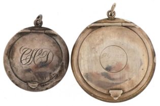 Two George V circular silver compacts, one with engine turned decoration, Birmingham 1912 and