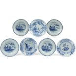 Seven 18th century Chinese hand painted blue and white porcelain bowls decorated in the Willow