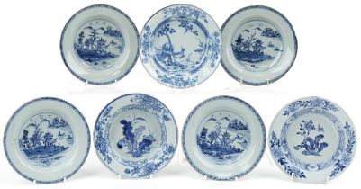 Seven 18th century Chinese hand painted blue and white porcelain bowls decorated in the Willow