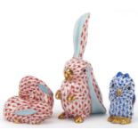 Herend, Hungarian hand painted porcelain fishnet pattern owl, hare and rabbits, the largest 10cm