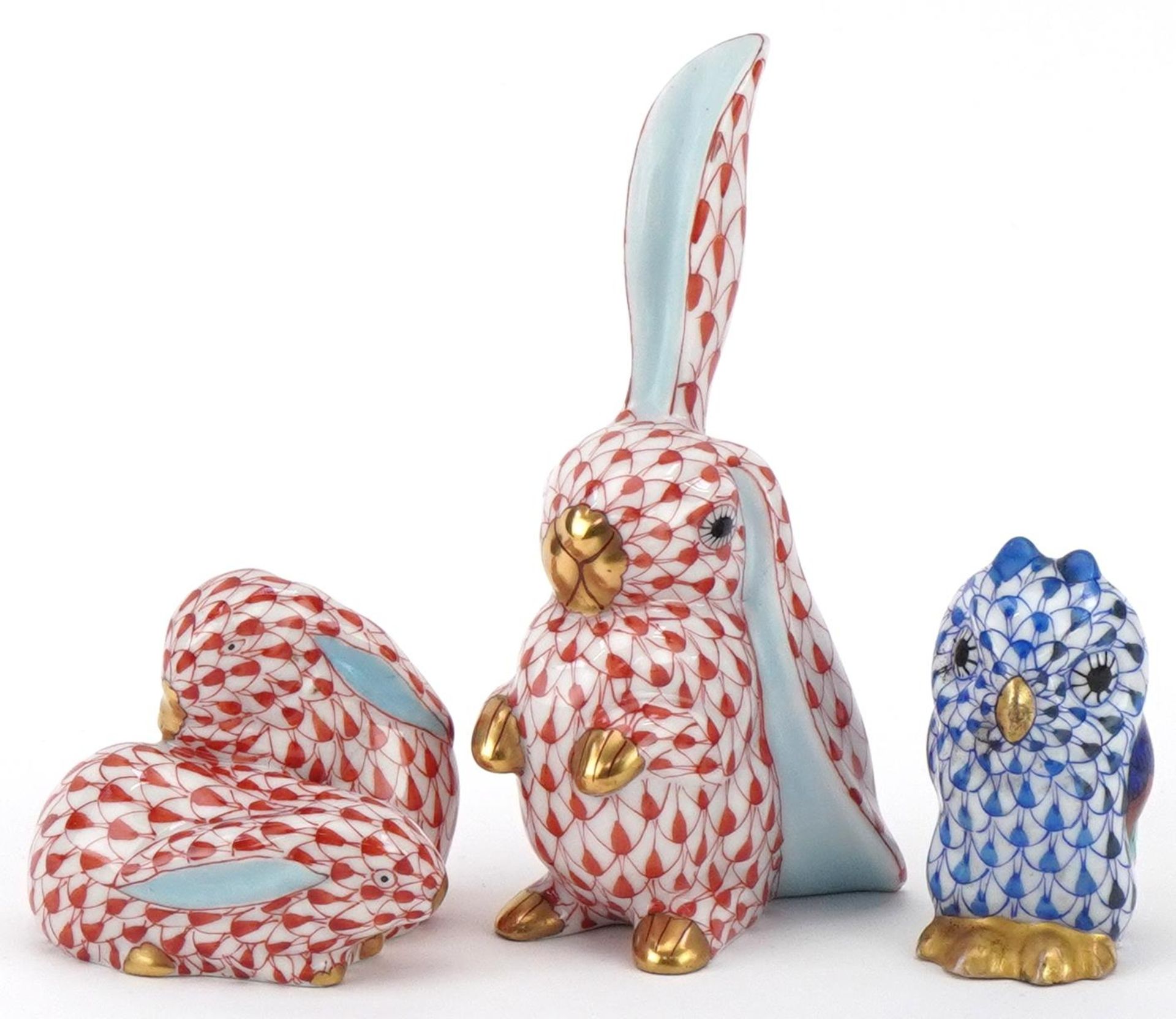 Herend, Hungarian hand painted porcelain fishnet pattern owl, hare and rabbits, the largest 10cm