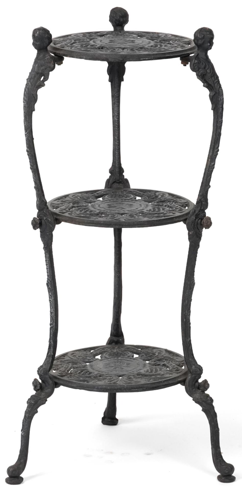 Victorian style cast iron three tier plant stand with figural mounts, 74cm high - Image 6 of 6