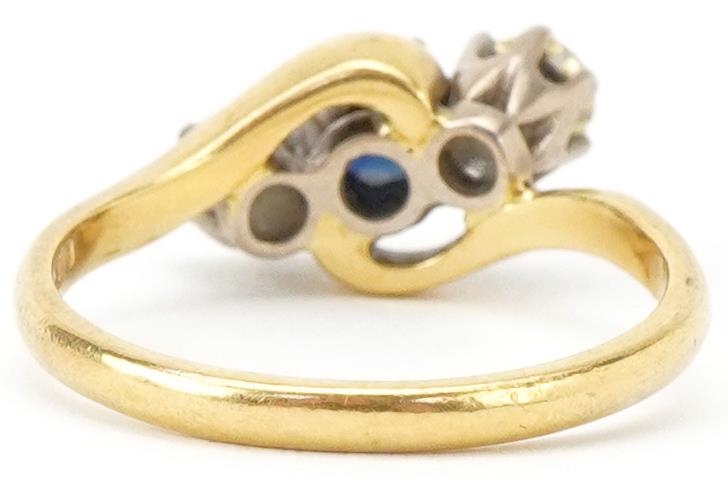 18ct gold sapphire and diamond three stone crossover ring, the sapphire approximately 4.30mm in - Image 2 of 5