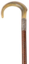 Victorian striped wood walking stick cane with horn handle and silver mount, BM & Co, 92cm in length