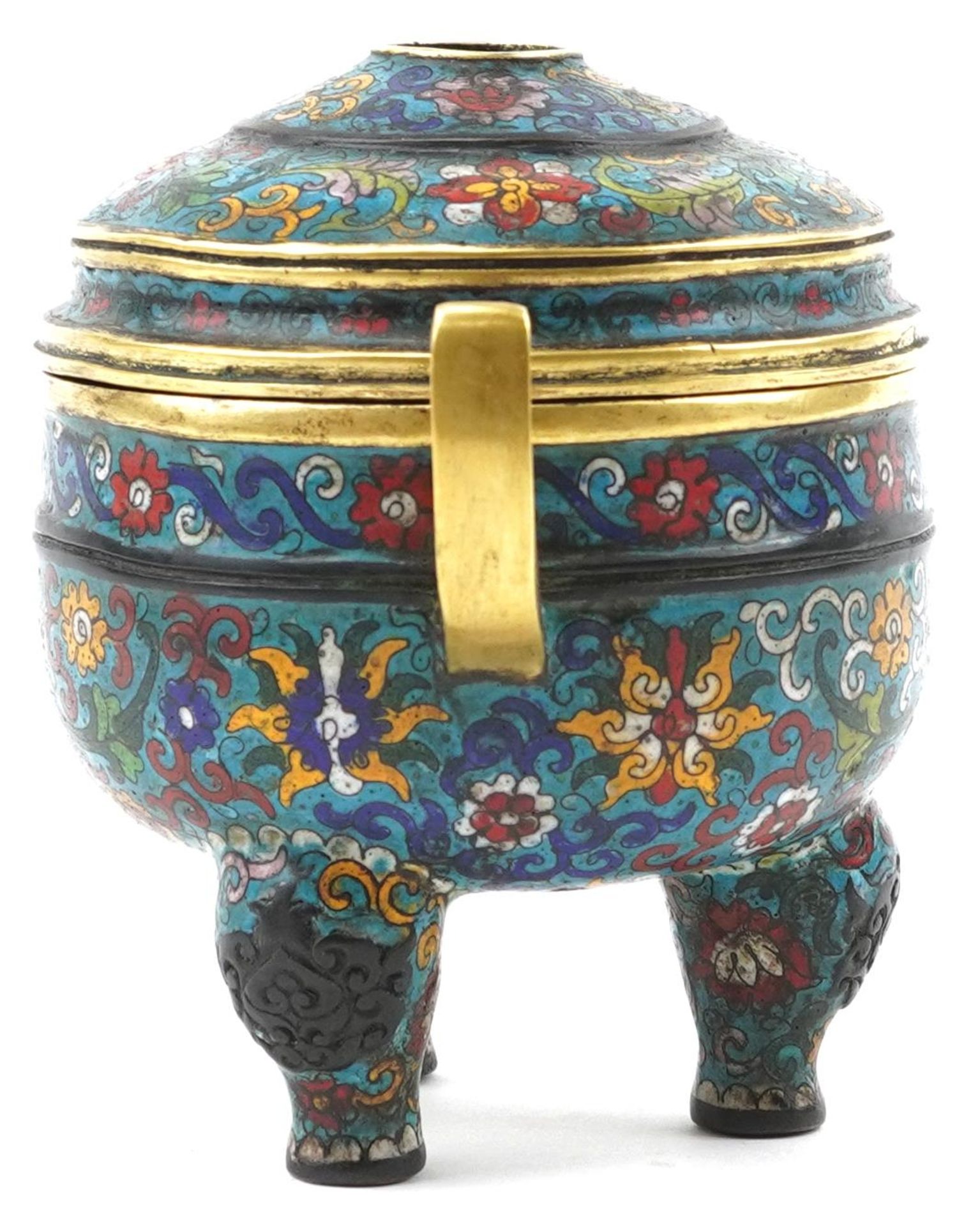 Chinese cloisonne patinated bronze tripod censer with pierced cover enamelled with flowers, four - Image 4 of 8