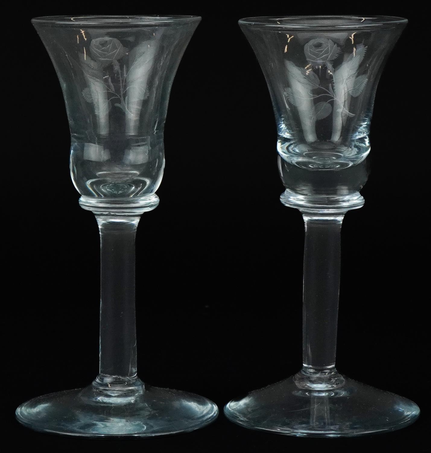 Near pair of wine glasses etched with Jacobite roses, each 15cm high - Image 2 of 4