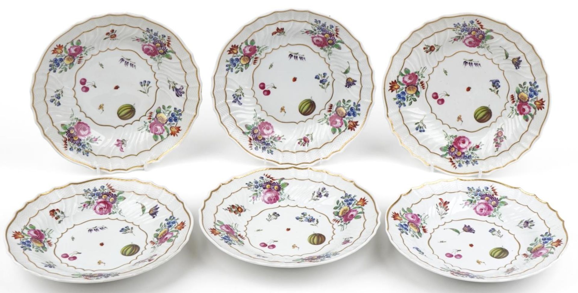 Richard Ginori, set of six Italian porcelain soup bowls decorated with flowers, retailed by Aspreys,