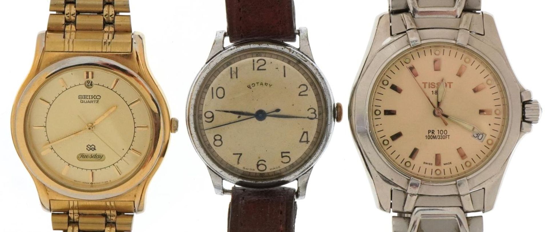 Three vintage and later gentlemen's wristwatches comprising Rotary, Tissot PR100 and Seiko, the