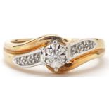 9ct two tone gold diamond crossover ring, size P, 3.4g