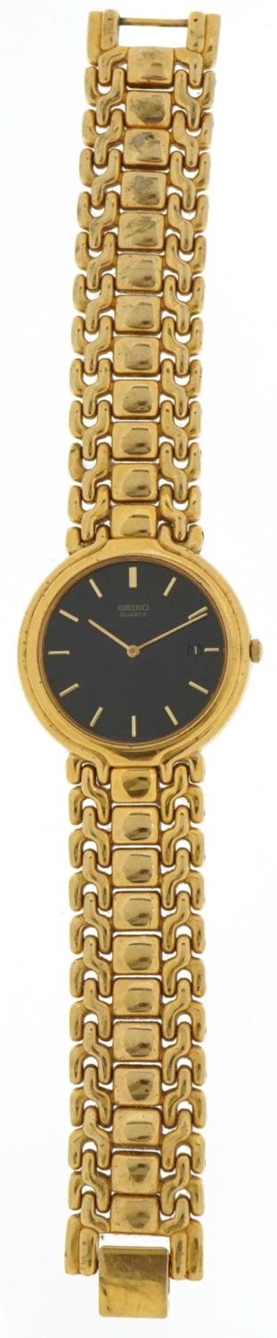 Seiko, gentlemen's gold plated Seiko 6030 quartz wristwatch having black dial with date aperture, - Image 2 of 6