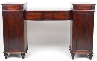 19th century mahogany twin pedestal sideboard with three drawers above a pair of cupboard doors