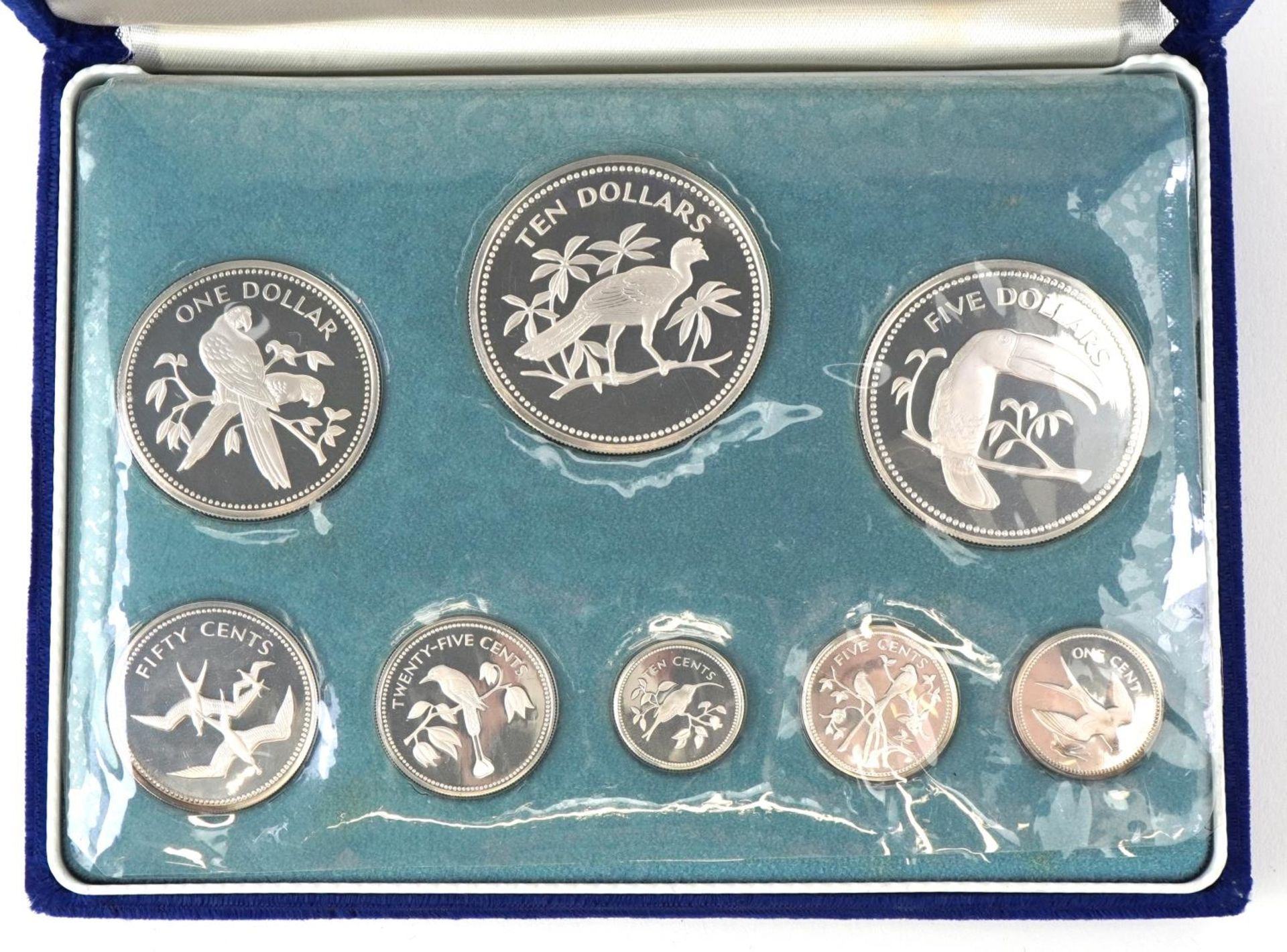 1974 Coinage of Belize silver proof eight coin set minted at The Franklin Mint, housed in a silk and - Bild 2 aus 4