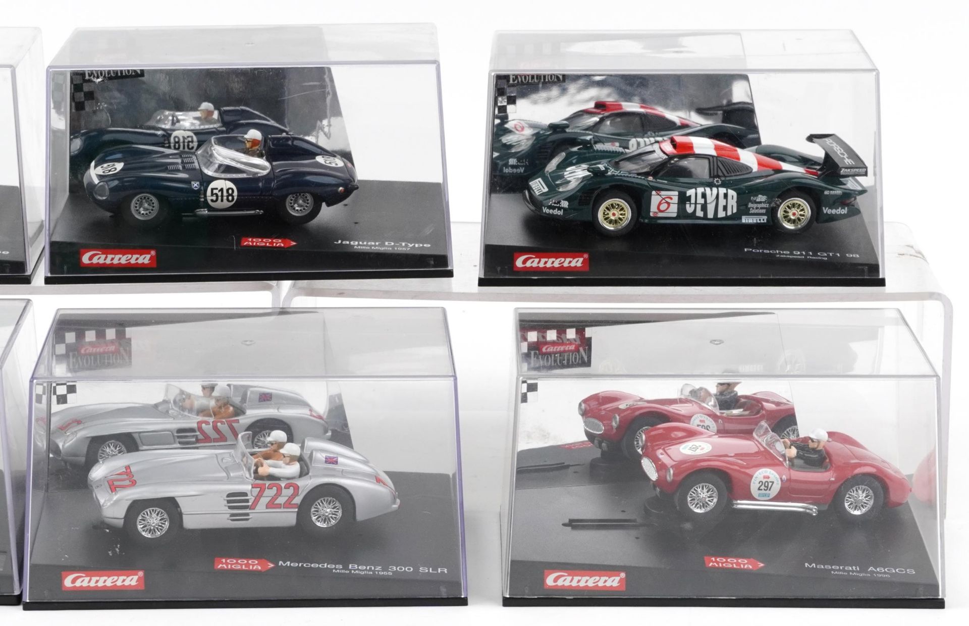 Six Carrera Evolution slot cars with cases comprising Porsche 911 GTI 98, Jaguar D Type, Jaguar D - Bild 3 aus 3