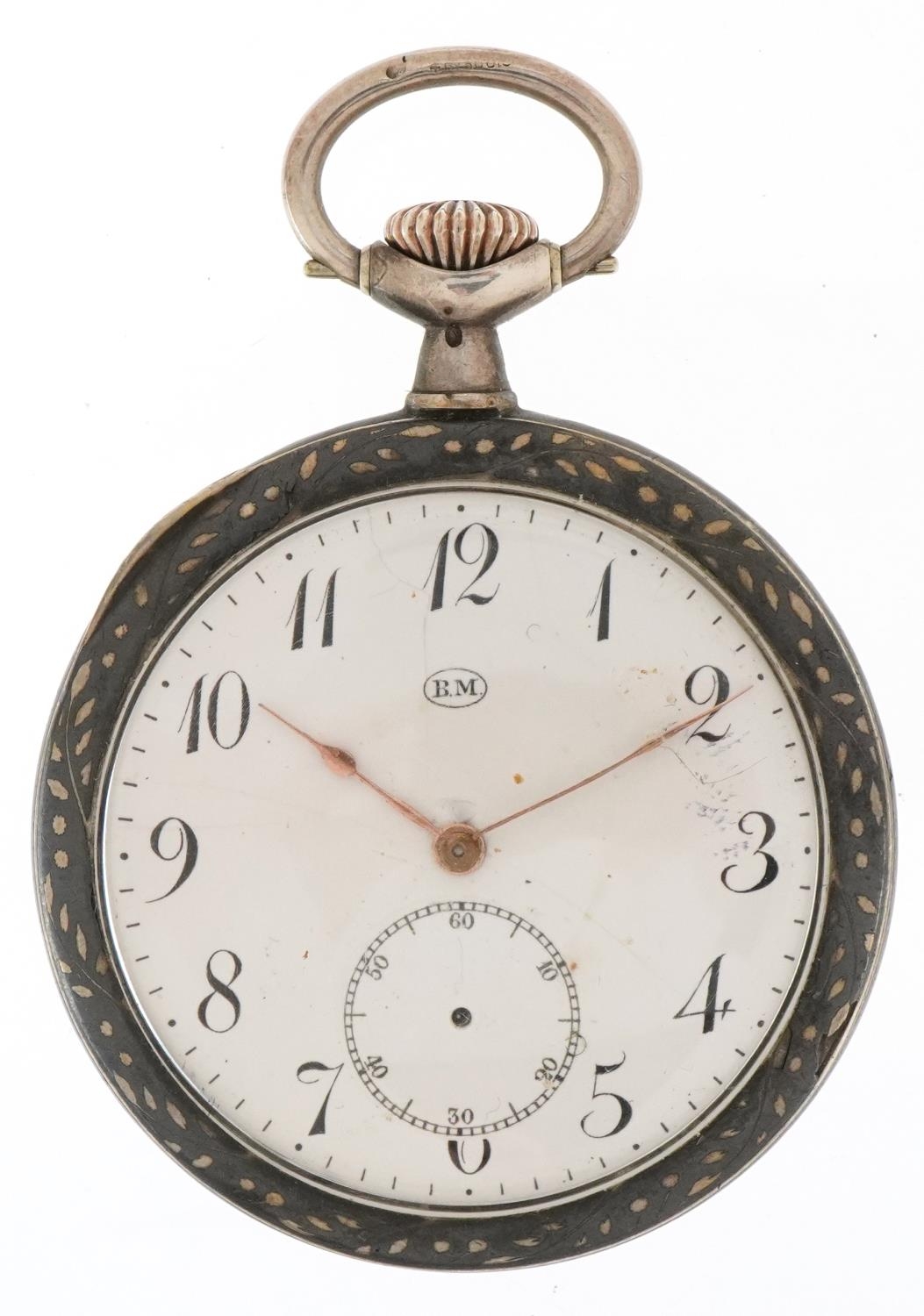 French silver niello work open face keyless pocket watch having enamelled and subsidiary dials