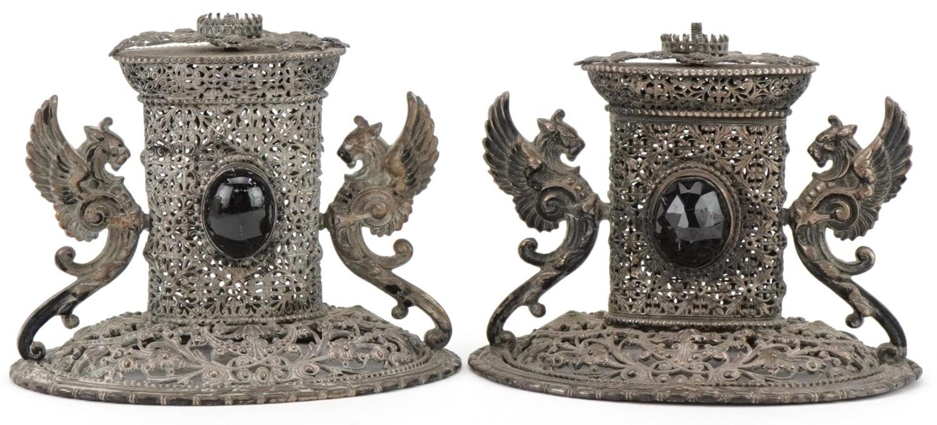 Two of European white metal filigree ornaments with winged dragon handles set with black - Bild 3 aus 4