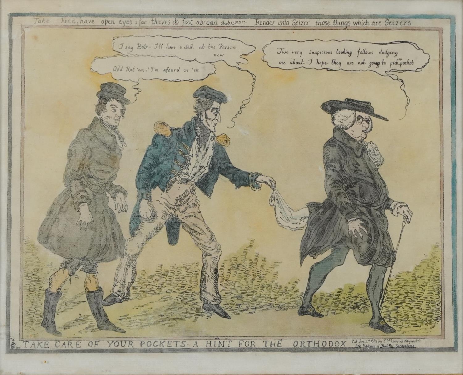 Take Heed, Have Open Eyes to Thieves, hand coloured political cartoon, Do Not Do Foot Abroad, framed