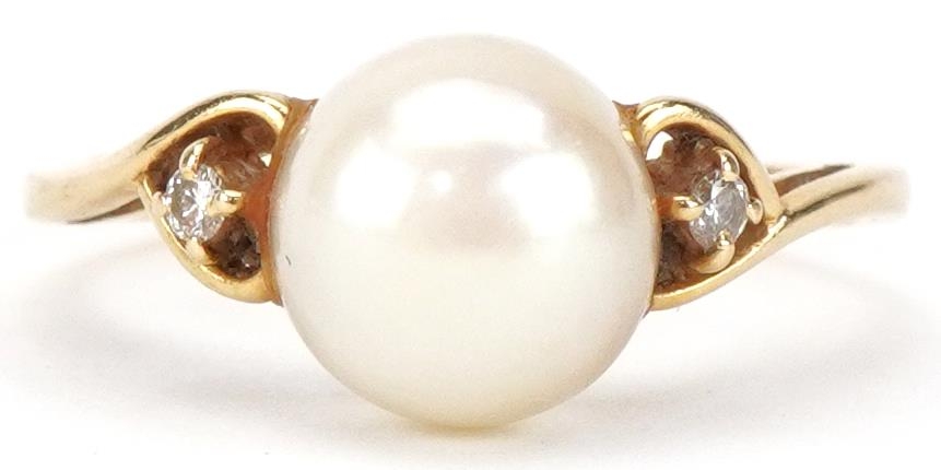 Mikimoto, Japanese 18ct gold pearl and diamond ring, size N/O, 2.5g