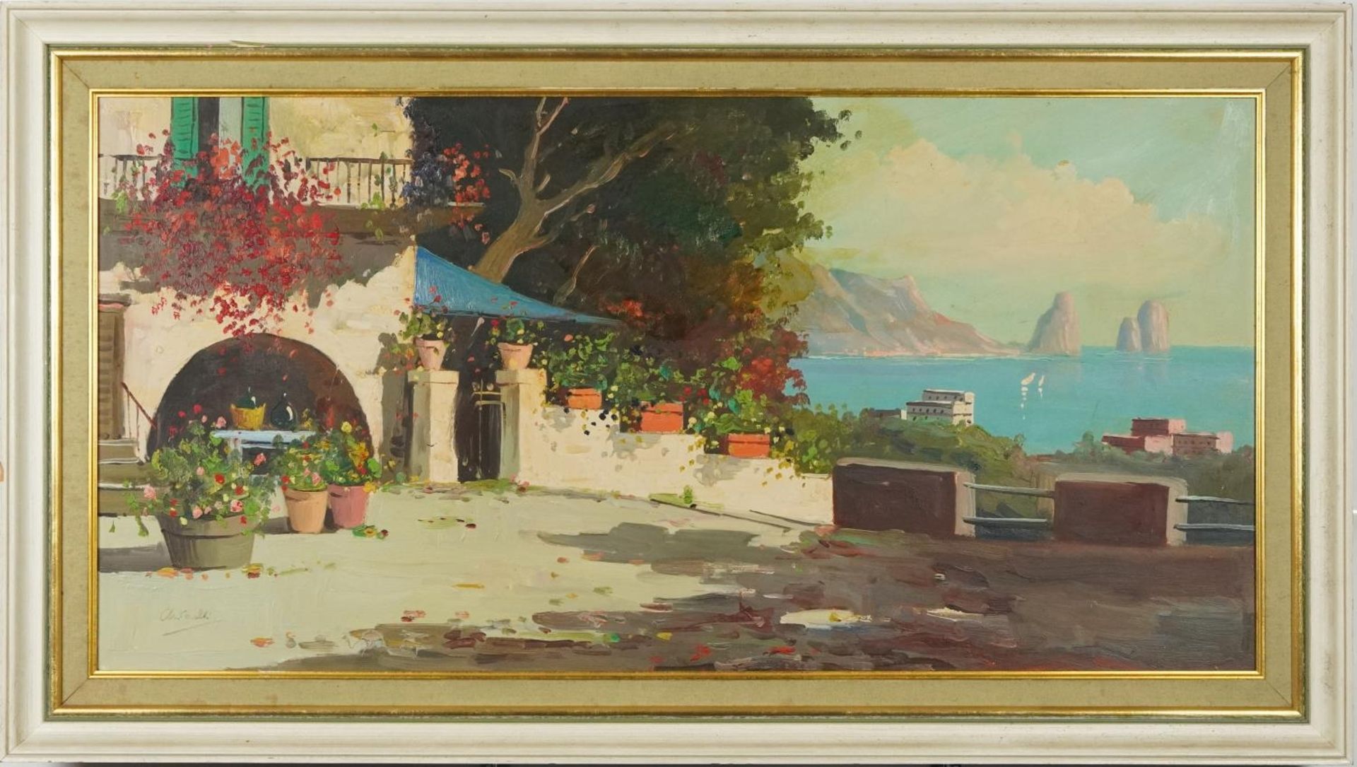 Italian villa and coastline Capri, Impressionist oil on canvas, bearing an indistinct signature, - Bild 2 aus 5