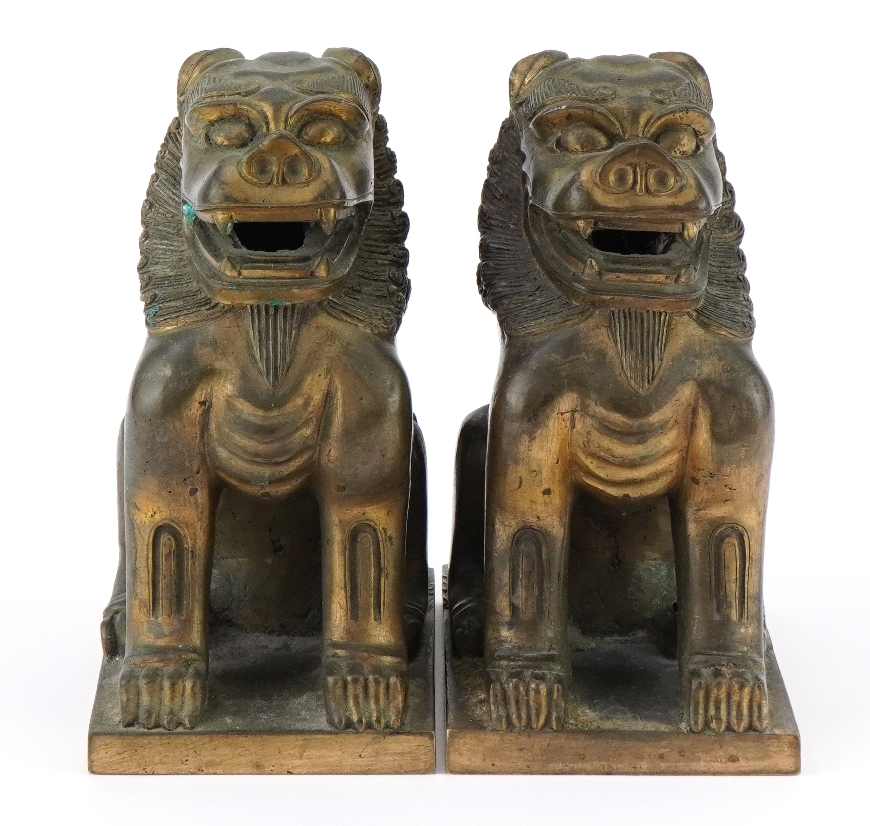 Pair of heavy Oriental Buddhist bronze altar lions, each 18cm high - Image 2 of 7