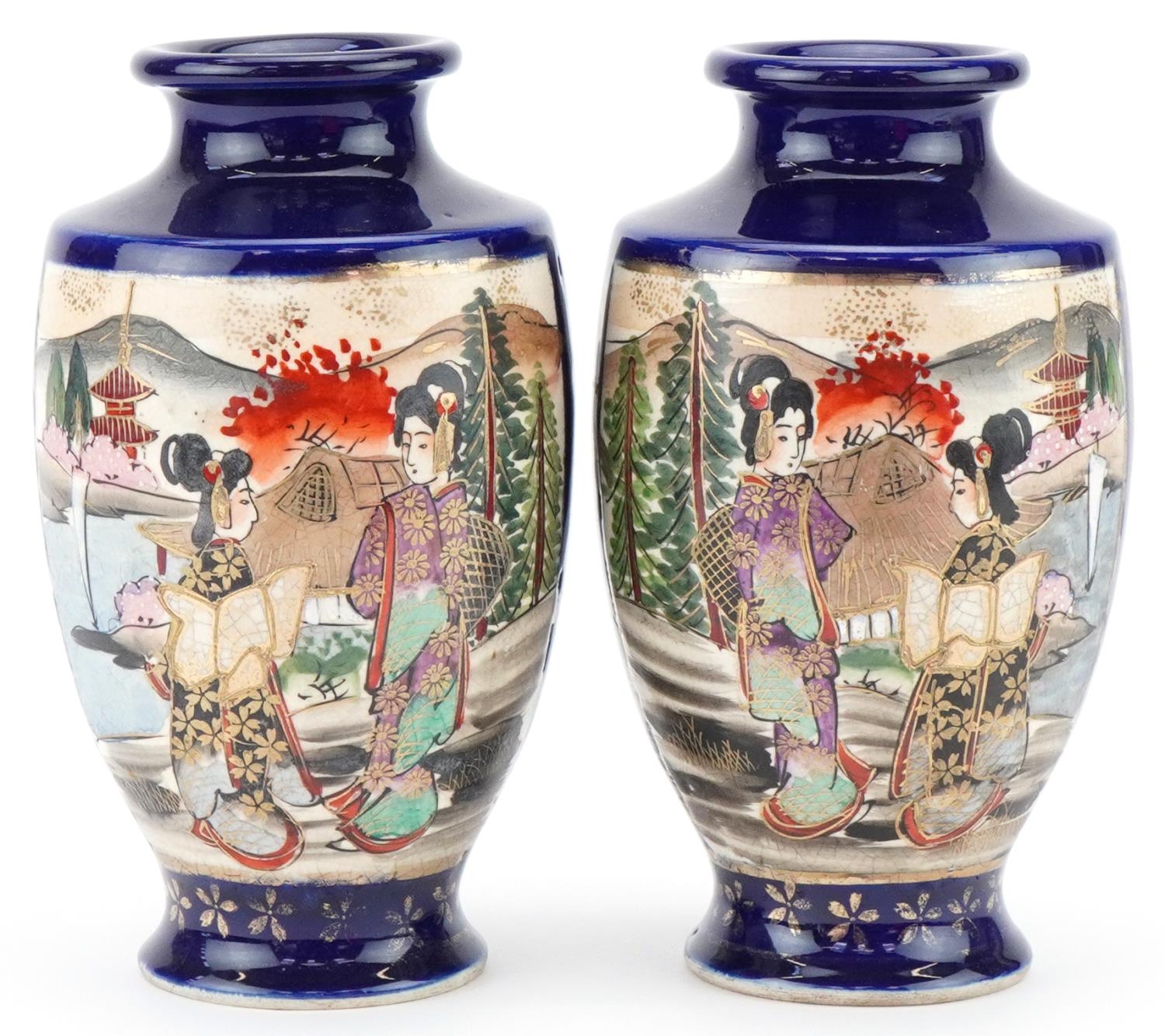 Pair of Japanese Satsuma vases hand painted with Geisha girls, each 19cm high