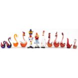 Art glassware including Murano glass clowns and ducks, the largest 30cm high