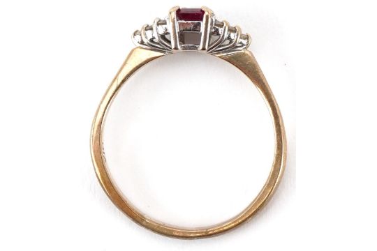 9ct gold ruby and diamond ring, the ruby approximately 6.10mm x 3.90mm x 2.20mm deep, size R, 2.4g - Image 3 of 5