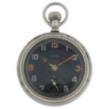 Elgin, British military open face pocket watch having subsidiary dial with Arabic numerals, the case