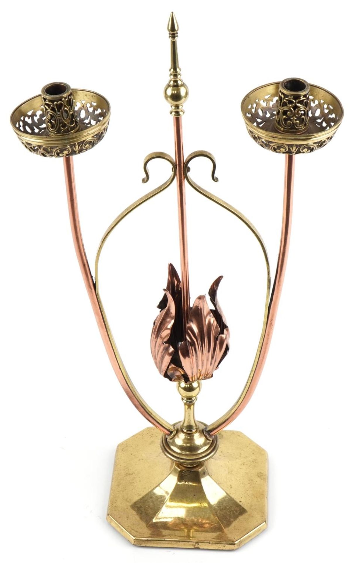 Arts & Crafts copper and brass W.A.S Benson tulip design floor standing twin candlestick, 70cm high - Bild 3 aus 4