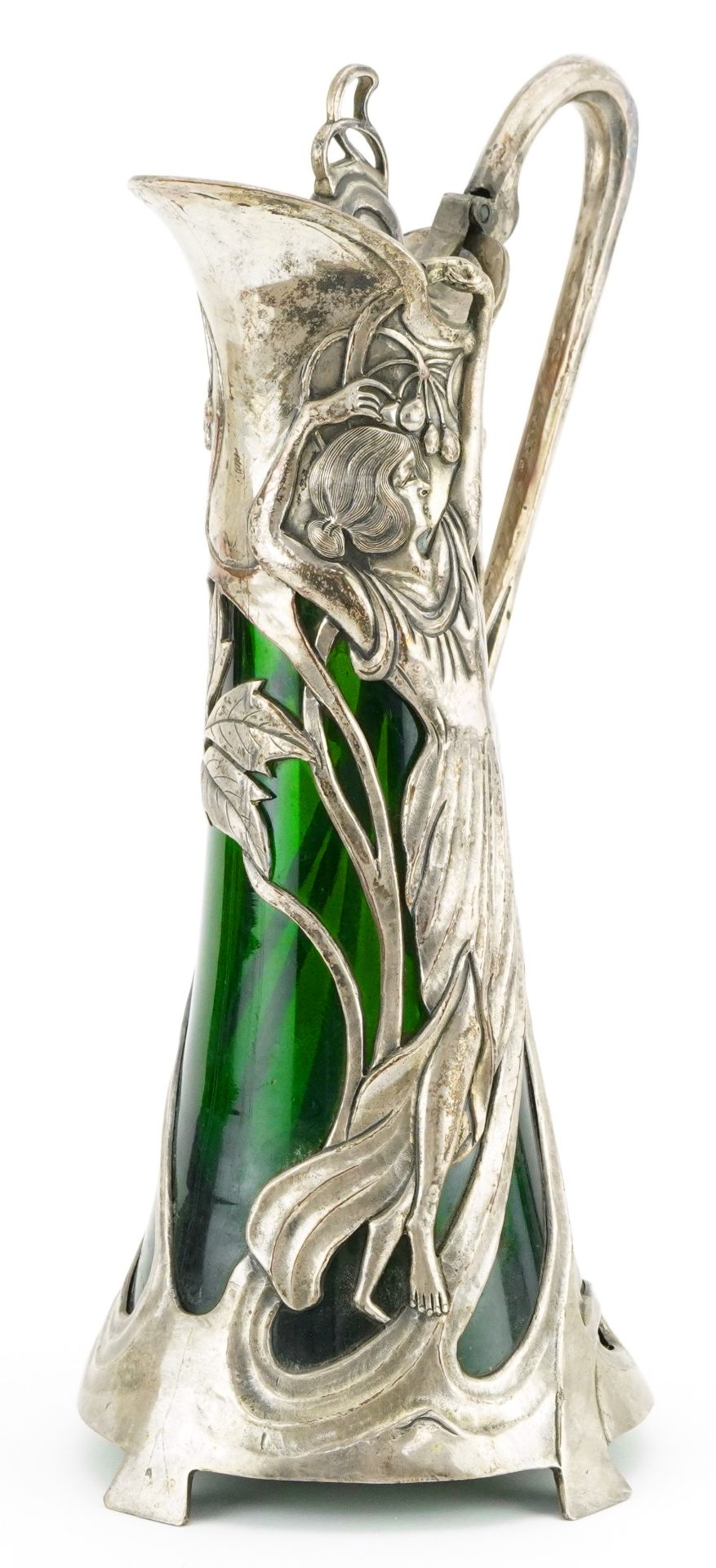 WMF Art Nouveau pewter maiden claret jug, with green glass liner, 40cm high - Bild 2 aus 10