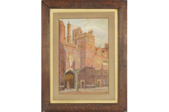 J W D 1902 - College gate entrance, watercolour, paper labels to the reverse contemporary mounted - Image 2 of 7