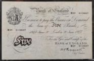 Peppiatt Bank Of England 1947 White Five Pound Note Serial Number M57 Peppiatt Bank Of England 1947 White Five Pound Note Serial Number M57
