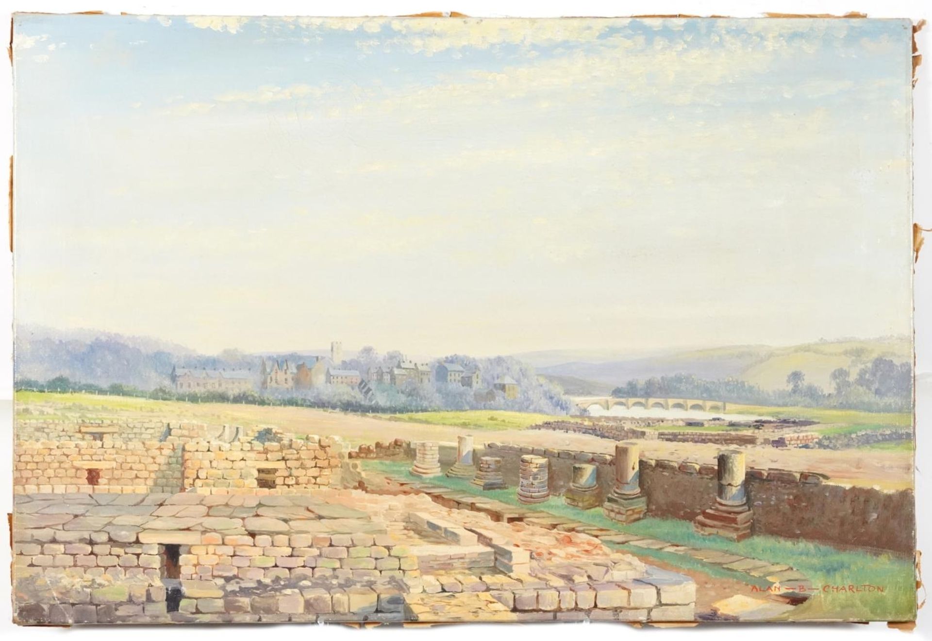 Alan B Charlton - Ruins before a town, 20th century British school oil on canvas, unframed, signed - Bild 2 aus 5