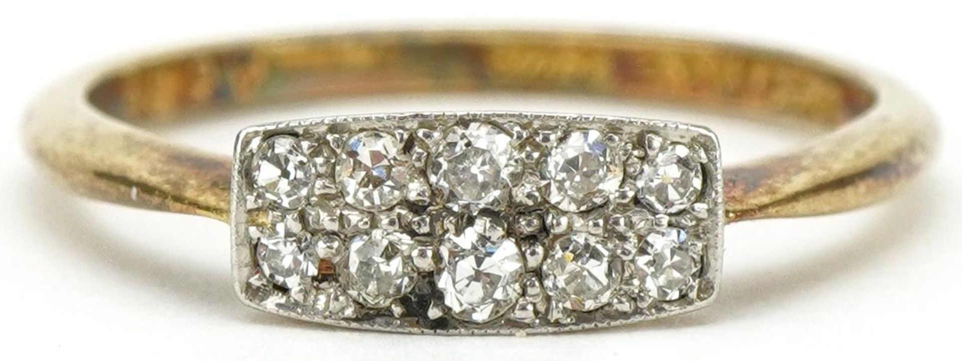 18ct gold and platinum pavé set diamond cluster ring set with ten diamonds, size N, 2.4g