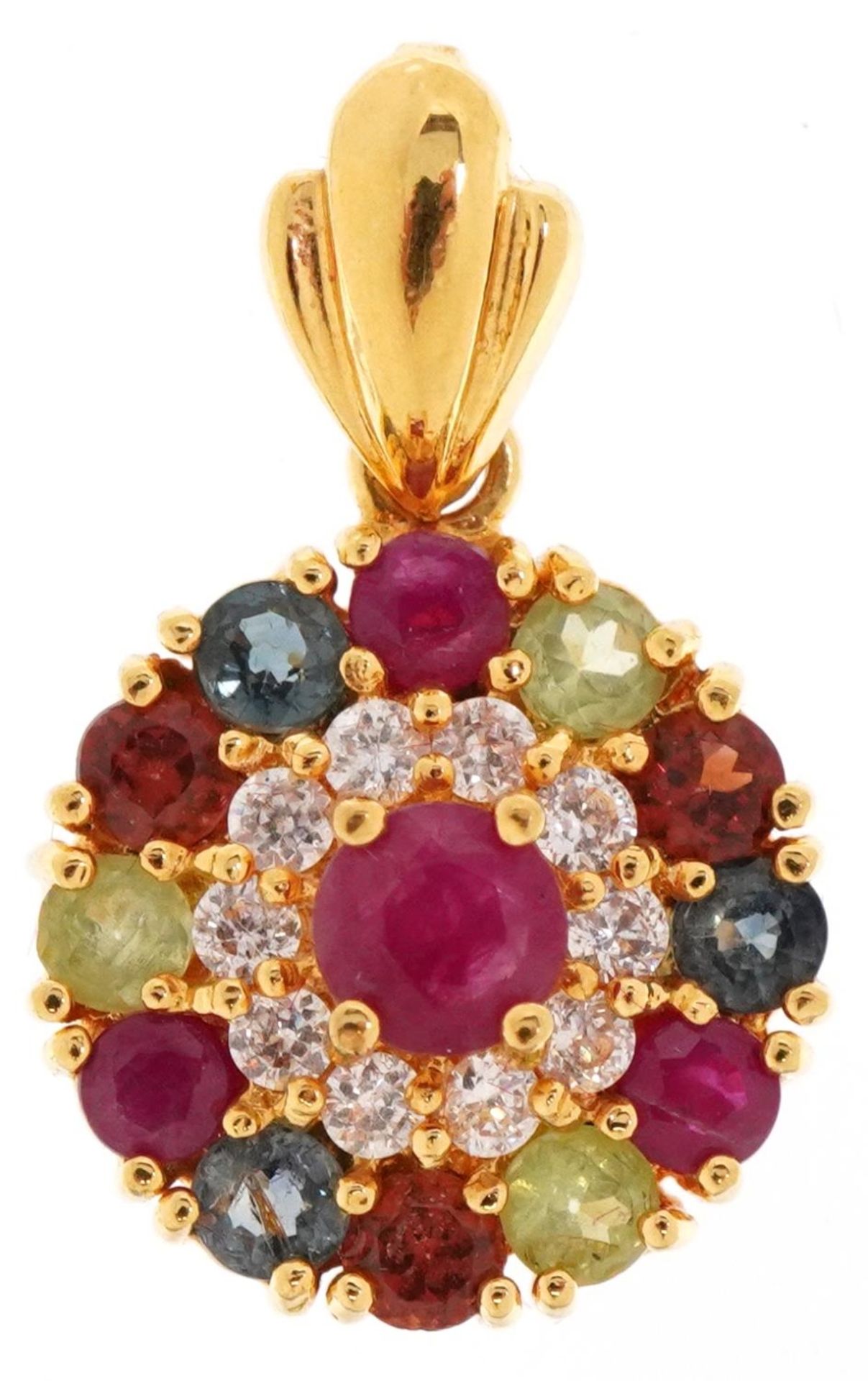 Silver gilt multi gem pendant set with semi precious stones including rubies, topaz and peridot, 2.